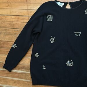 Adrienne Vittadini Women’s Black Angora Wool Rhinestone Shapes Sweater Size M